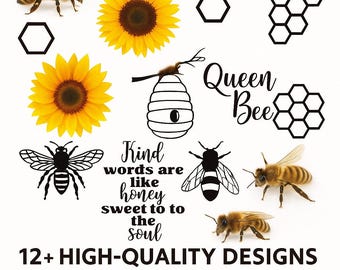 Honey Bee SVG PNG Bundle | Sunflower & Queen Bee Designs | Cricut Silhouette Printables
