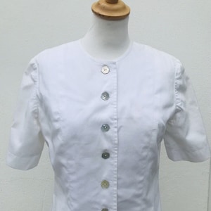 Vintage 40s Fitted Fine Ribbed White Cotton Faille Blouse Top | Mother of Pearl Buttons | S