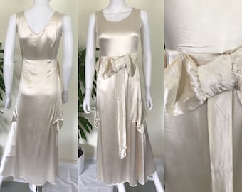 Vintage Antique 30s Ivory Satin Crepe Wedding Dress, S 8 10