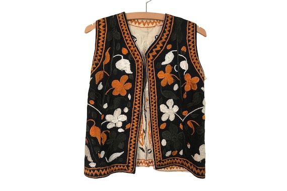 Vintage Suzani Ottoman Hand Silk Embroidered Waistcoat Vest | XS 6 | Afghan Boho