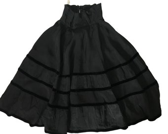 30s 40s Black Tiered High Boned Waist Skirt, XS Taffeta Crepe Velvet, Vintage