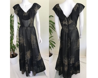 Vintage Horrockses Fashions Long Frill Dress, L UK 16, Floral Chiffon Gown