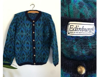 Cardigan en laine Mohair vintage d’Édimbourg, M, Jacquard Intarsia, Pull Jumper