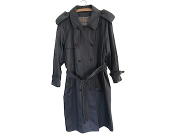 Vintage 80s Dark Grey Medium Weight Woman's Trench Coat Raincoat | L 14 16