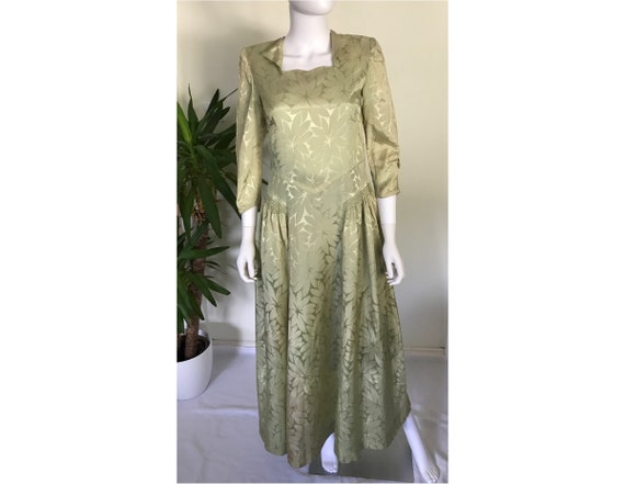 Vintage 30s Green Floral Damask Evening Gown - image 1