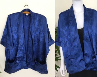 Vintage 80er Jahre Blaue Jacquard Rayon Kimono Jacke, M L
