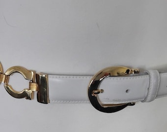 Vintage 80s Viyella White Leather Gold Metal Link Waist Belt | M