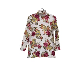 St Michael Vintage 80s Floral Cotton Jersey Polo Neck Jumper Top T Shirt | S M