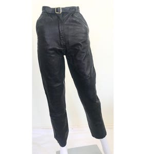 Vintage 70s 80s Black Leather High Waist Tapered Leg Pleat Trousers | XS S 6 8