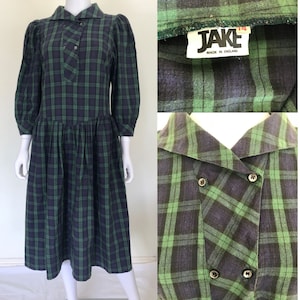 Vintage Jake 80s Cotton Check Midi Dress, S  10, Plaid Tartan