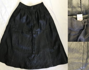 Vintage 80s Black Leather Gathered Midi Skirt, S