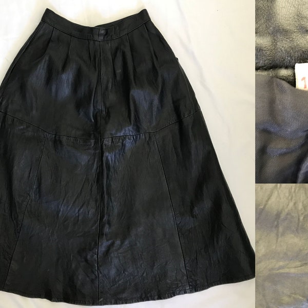 Vintage 80s Black Leather Gathered Midi Skirt, S