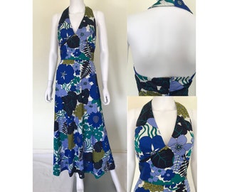 Vintage 70s Floral Halterneck Midi Dress, Handmade, M L
