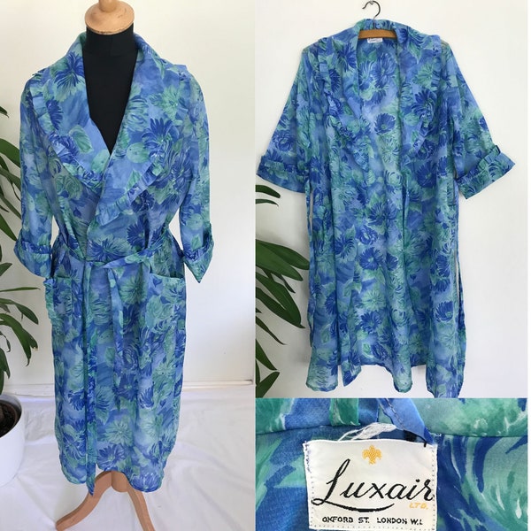 robe de chambre à fleurs en nylon Luxair vintage des années 50, M L, manteau d'intérieur, robe de chambre à col volanté