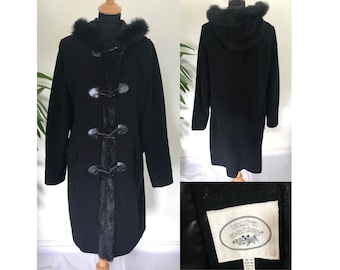 Laura Ashley Vintage 90s Black Wool Blend Duffel Coat, M, Afghan Coat