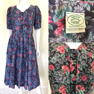Laura Ashley 80s Vintage Floral Cotton Puffed Sleeve Dress, M L 12 14
