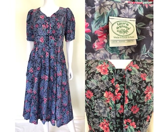 Laura Ashley 80s Vintage Floral Cotton Puffed Sleeve Dress, M L 12 14