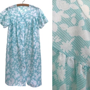 Vintage 70s 80s Smock Dressing Gown House Dress Nightie  Robe - Blue Floral - L