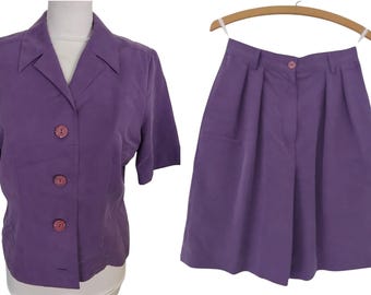 Traje de chaqueta y bermudas de seda moradas estilo vintage de los 80 / Tallas S 8 10