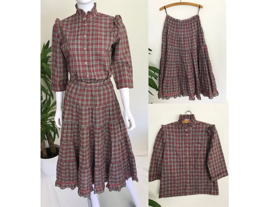Betty Barclay Vintage Check Cotton Skirt Blouse S… - image 1