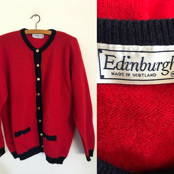 Edinburgh Scotland Lambswool Cardigan M, Red Jacket Sweater Jumper, Vintage 80s, Trophy Jacket