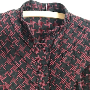 Vintage 80s Puffed Sleeve Silk Houndstooth Frill Collar Blouse | M L | High Neck
