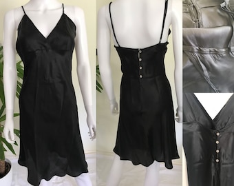 Vintage 90s Silky Black Slip Dress, M 12, Bias Cut Grunge Dress