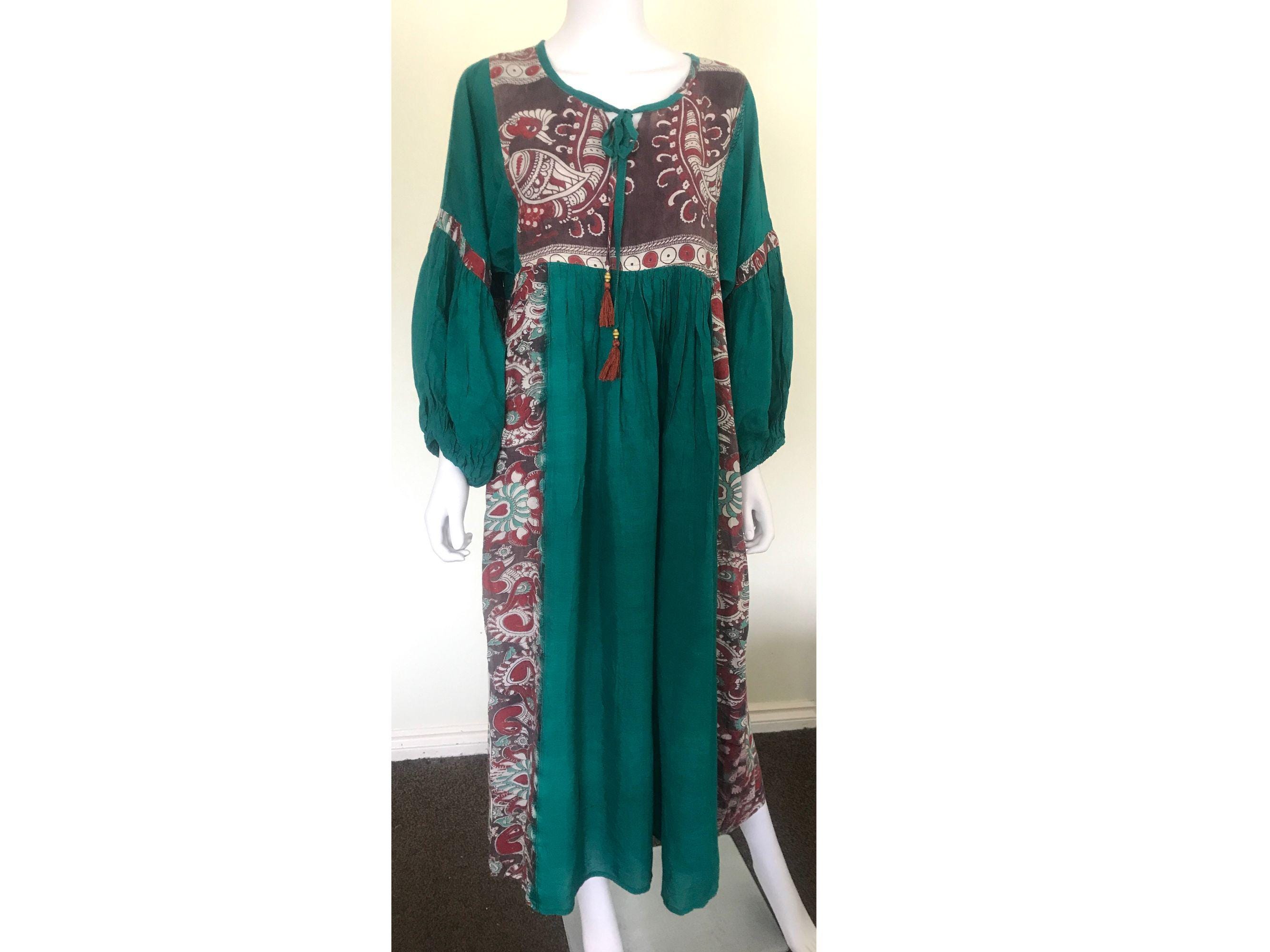 Vintage Indian Cotton Kaftan Caftan Smock Dress | S M | Boho Summer Midi | 80s
