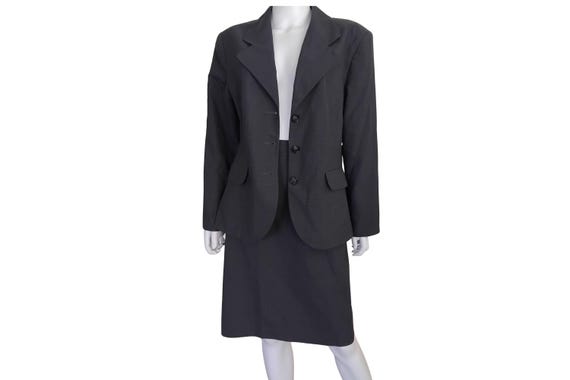 Cacharel, Vintage 90s Cacharel Grey Wool Blend Canvas Flannel Jacket Skirt Suit | M 12 14