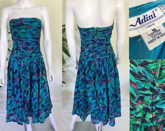 Vintage 80s Adini Boned Strapless Sun Dress, S, Painterly Print, Indian Cotton Corset Dress