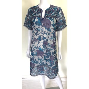 Robe indienne en gaze de coton fleurie vintage | M L | Fil à rayures métalliques | Jamais porté