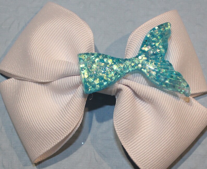 Mermaid tail hair bows cute hair bows small hair bows toddler bows blue mermaid tail 4 inch hair bows girls hair bows white bows