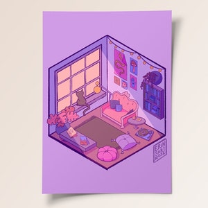 Isometric Cat Room at Golden Hour Postcard Print 5x7, Cozy Pink and Purple Gamer Art, Studio Apartment Wall Decor, Game Room Wall Decor