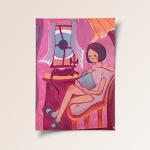 Stampa surrealista a guazzo rosa e arancione 5x7 con una donna che legge, un gatto nero e un occhio. Dipinto di strega rosa, Mary Blair.
