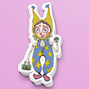 Kleine Stadt Clown Mädchen Aufkleber | Zirkus Clowncore | Nettes gruseliges Clown Mädchen mit Ghettoblaster und Augapfel | Wasserdichter 3-Zoll-Vinyl-Aufkleber | KEINE KI
