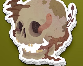Decaying Mossy Skull Sticker | Moss, Mushrooms & Worm | Last Of Us Cordyceps Skull | Cozy Dark Circle of Life | 3 inch Vinyl Sticker | NO AI
