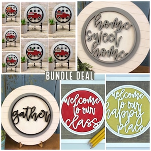 May include: A bundle deal of six wooden signs with various sayings. The signs are round and have a white background with black lettering. The sayings include "home sweet home", "gather", "welcome to our class", and "welcome to our happy place".
