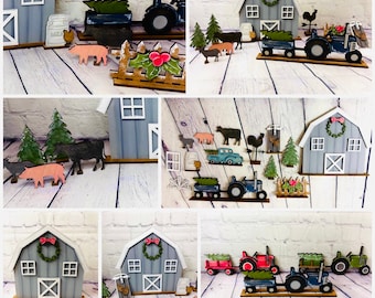 Christmas Farmhouse Farm SVG | Farm Shelf sitter Decor SVG | Farm Laser File | Farm Paint Kit file | Barn Tractor|  glowforge file