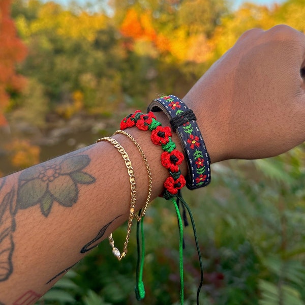 Red Rose Poppy Flower Handmade Nylon Woven Floral Friendship Bracelet / Anklet with Adjustable Sliding Closure