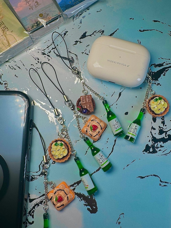 Korean Green Soju Drink With Yummy Kawaii Snack Cake Dessert Mini Food Phone Charm Accessory for iPhone Android AirPods BookBag & Keychain
