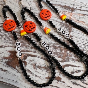 Black Spooky Halloween Scary Pumpkin and Candy Corn Beaded Phone Lanyard Strap for IPhone & Android