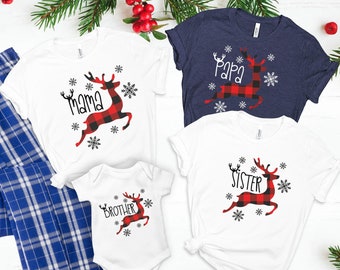 クリスマスファミリー鹿シャツ、お揃いのチェック柄トナカイTシャツ