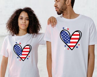 Camiseta unisex con la bandera de Estados Unidos en forma de corazón, ideal para el 4 de julio.