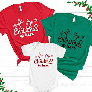 Christmas is Here Family Matching Shirts , Christmas Reindeer Antlers Tee  , Holiday Spirit Matching Shirts , Pocket Size Reindeer Shirt