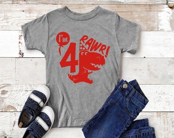 Camiseta de cumpleaños de dinosaurio Rawr I'm 4, camiseta de cuarto cumpleaños