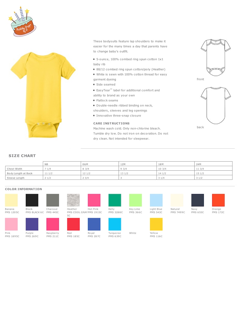 K&ouml;nnte beinhalten: Eine Gr&ouml;&szlig;entabelle f&uuml;r Baby-Bodysuits in verschiedenen Farben. Die Tabelle zeigt die Brustweite, die K&ouml;rperl&auml;nge im R&uuml;cken und die &Auml;rmell&auml;nge f&uuml;r die Gr&ouml;&szlig;en NB, 06M, 12M, 18M und 24M. Die Tabelle enth&auml;lt auch einen Abschnitt mit Farbinformationen mit Farbmustern und PMS-Farbcodes.