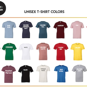 Peut inclure: Un tableau pr&eacute;sentant 20 couleurs de t-shirts unisexes diff&eacute;rentes. Les couleurs sont affich&eacute;es sur des t-shirts avec un texte blanc indiquant le nom de la couleur. Le texte "UNISEX T-SHIRT COLORS" est en haut du tableau.