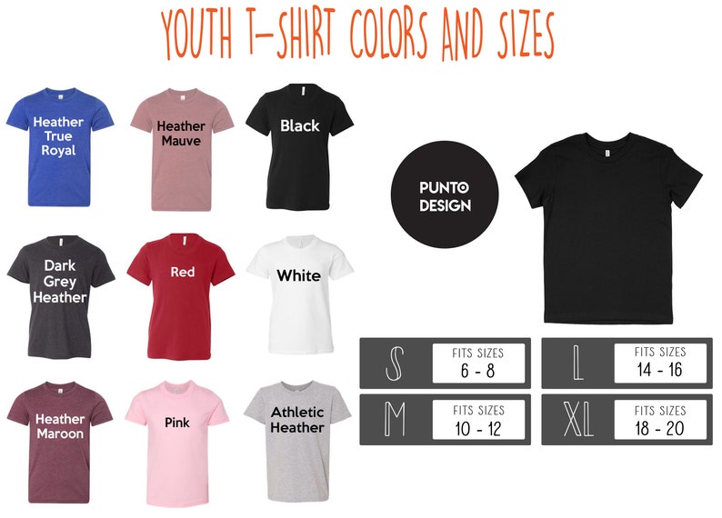 K&ouml;nnte beinhalten: T-Shirt-Farben- und Gr&ouml;&szlig;entabelle f&uuml;r Jugendliche. Die Tabelle zeigt 10 verschiedene T-Shirt-Farben, darunter Heather True Royal, Heather Mauve, Schwarz, Dark Grey Heather, Rot, Wei&szlig;, Heather Maroon, Pink und Athletic Heather. Die Tabelle zeigt auch die verf&uuml;gbaren Gr&ouml;&szlig;en: S (passt f&uuml;r Gr&ouml;&szlig;en 6-8), M (passt f&uuml;r Gr&ouml;&szlig;en 10-12), L (passt f&uuml;r Gr&ouml;&szlig;en 14-16) und XL (passt f&uuml;r Gr&ouml;&szlig;en 18-20).