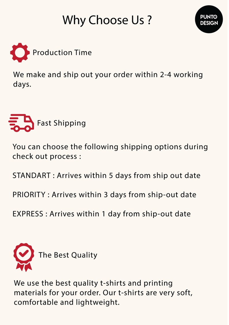May include: Why Choose Us?  A graphic with three icons and text describing production time, fast shipping, and the best quality.  The text describes the production time as 2-4 working days.  The fast shipping text describes three shipping options: Standard, Priority, and Express.  The best quality text describes the use of high-quality t-shirts and printing materials.