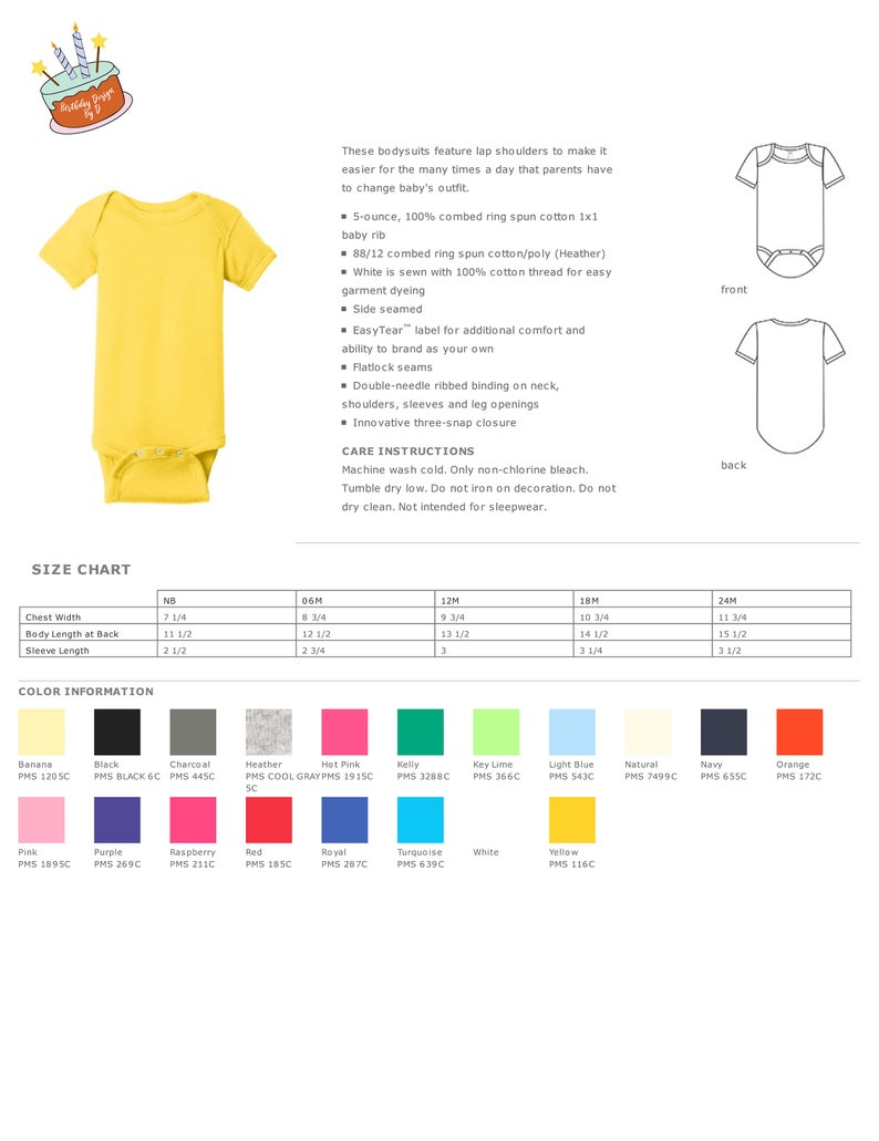 May include: A yellow baby bodysuit with short sleeves. The image includes a size chart and colour options. The bodysuit has lap shoulders and a three-snap closure. The text on the image says "Birthday Design By D."